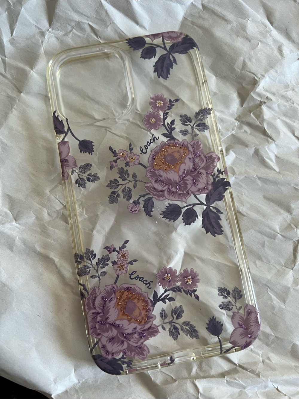 Coach Clear IPhone Case with Purple Floral & Gold Accents